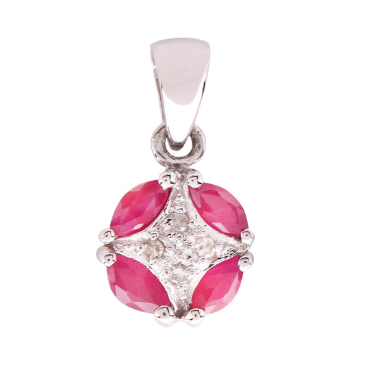 White Gold Pendent set with Four Rubies and Four Round diamonds, 10k