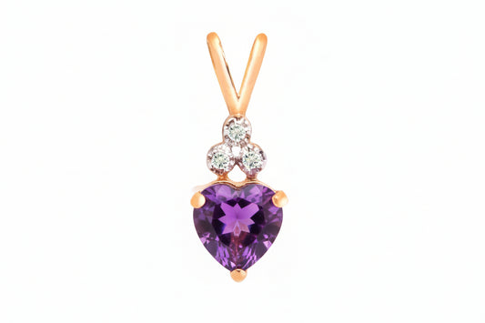 Yellow Gold Pendent with one Heart cut Amethyst and one Diamond, 14k