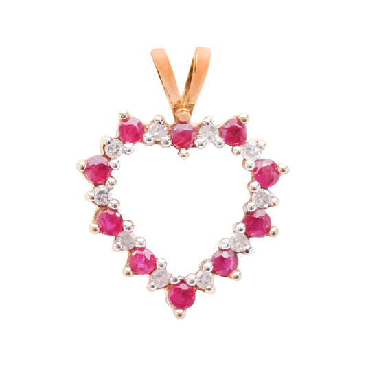 Yellow Gold Heart Shape Diamond and Ruby Pendant. 10k, R: 0.2ct, TDW: 0.07ct