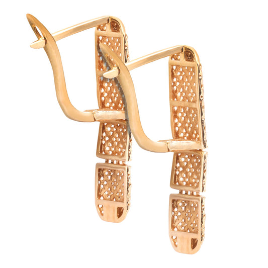Yellow gold long earrings with Three Rectangle links, 18k, 2.28gr