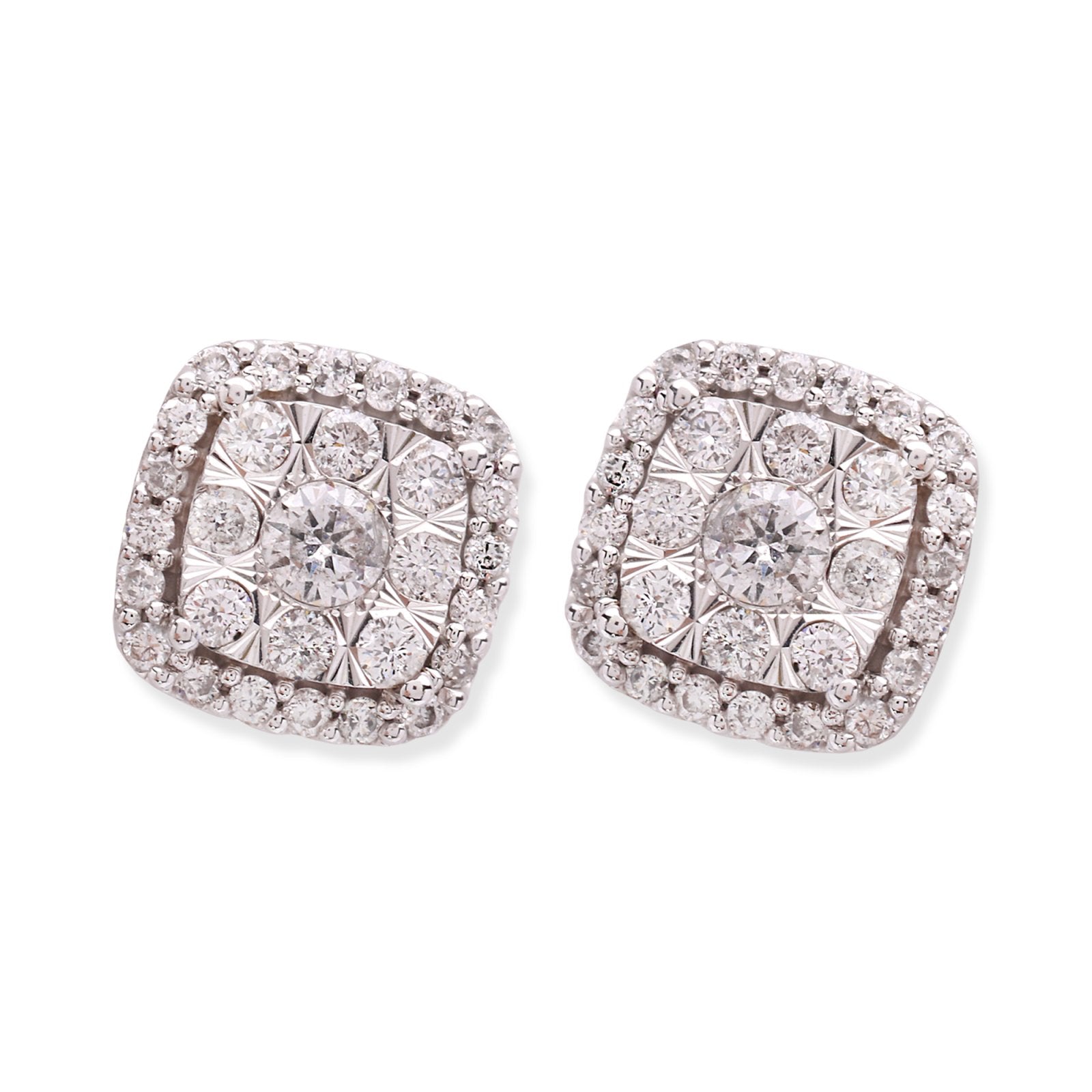 White Gold Cluster Halo Cushion Shape Diamond Earrings. TDW: .63ct,  SI, I, 14K