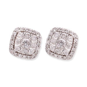 White Gold Cluster Halo Cushion Shape Diamond Earrings. TDW: .63ct,  SI, I, 14K