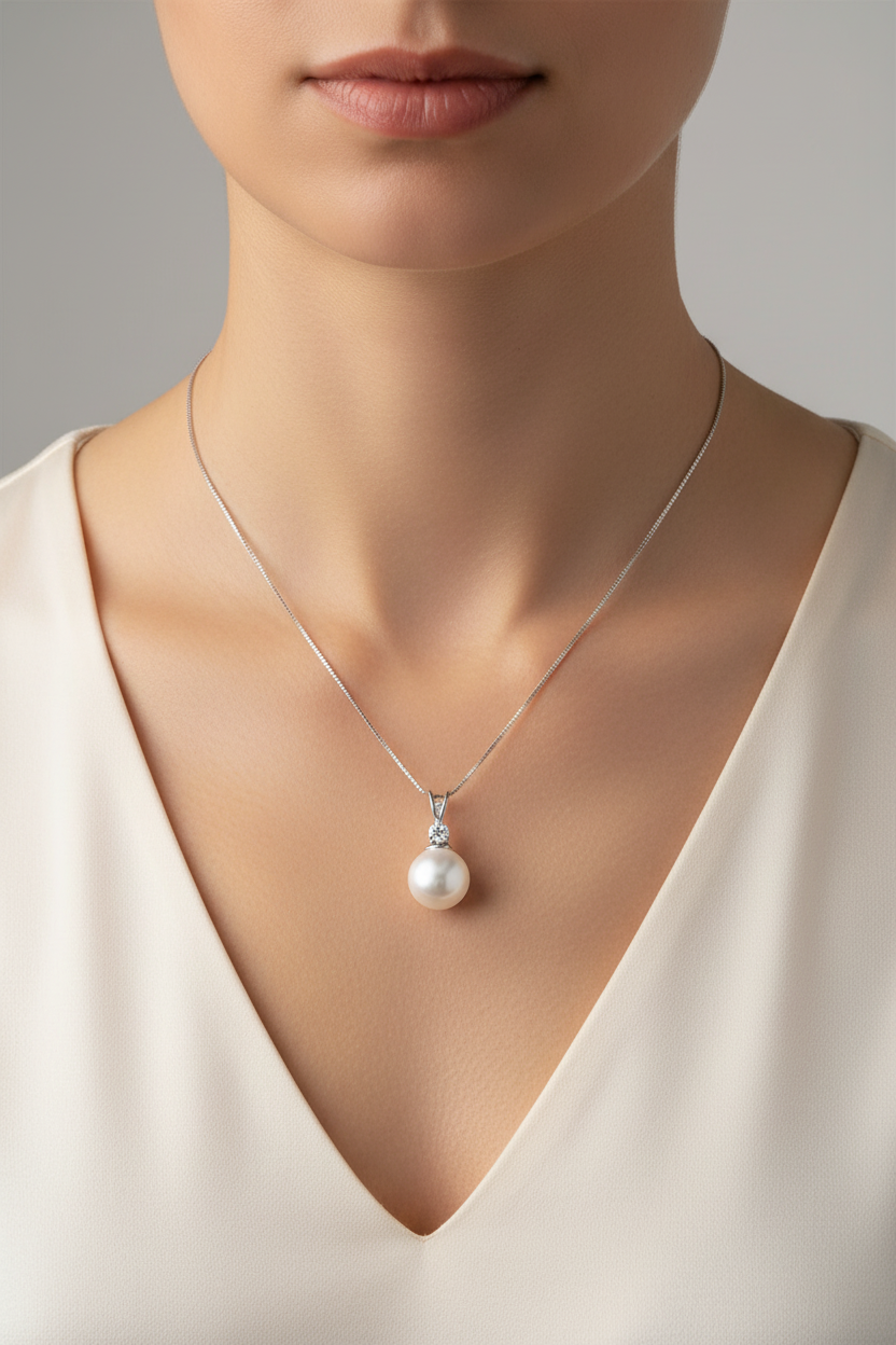 White Gold Freshwater Pearl and Diamond Pendant and Chain Necklace. 18k, P: 9.6mm, D: 0.12ct, SI1, G, 18"