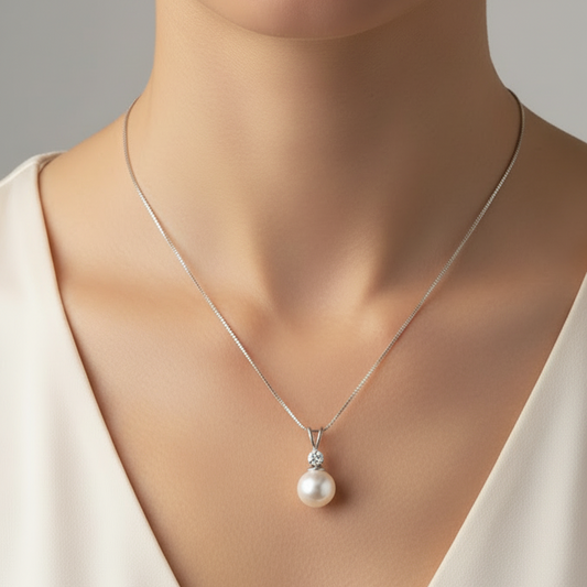 18K White Gold Freshwater Pearl and Diamond Pendant and Chain Necklace