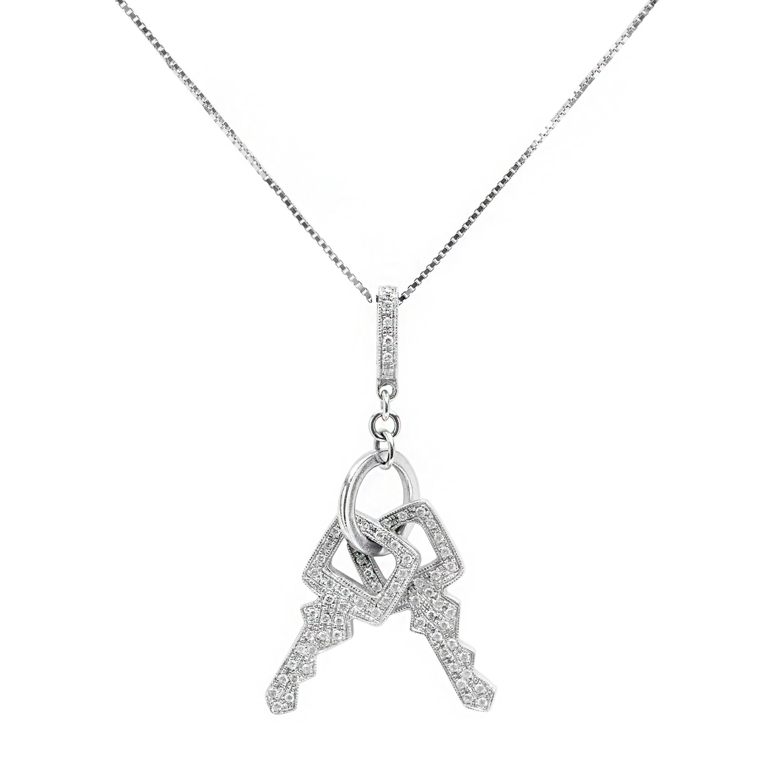 White Gold Two-Keys Double Sides Diamond Necklace. TDW: 0.2ct, 18k,