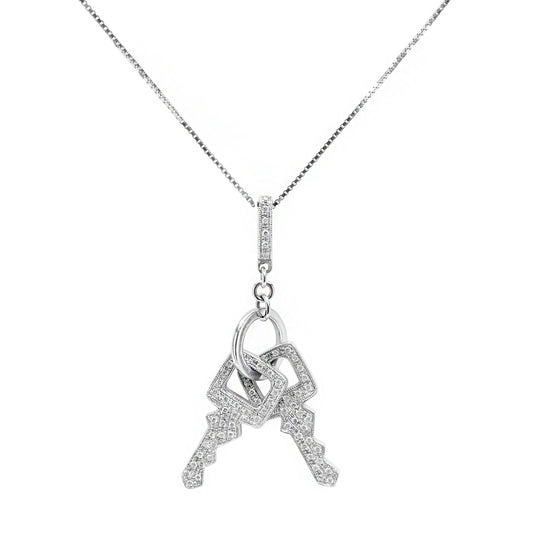White Gold Two-Keys Double Sides Diamond Necklace. TDW: 0.2ct, 18k,