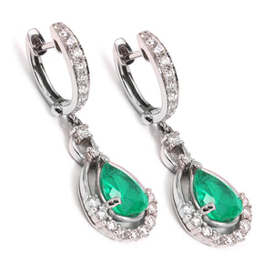 White Gold Natural Pear Shape Emerald and Diamond Earrings. 18k  E:  0.6ct/each. ,TDW: 0.84ct. SI GH