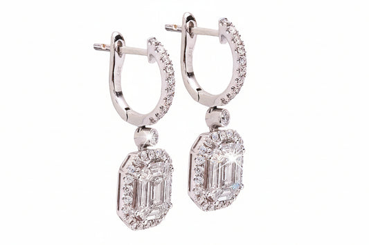 18K White Gold Diamond Earrings with Invisible Setting with Emerald and Baguette Cut Diamonds and 72 Round Diamonds . TDW: 2.96ct. VS EF