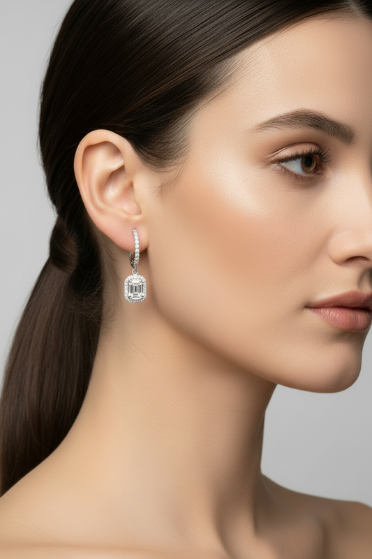 18K White Gold Diamond Earrings with Invisible Setting with Emerald and Baguette Cut Diamonds and 72 Round Diamonds . TDW: 2.96ct. VS EF