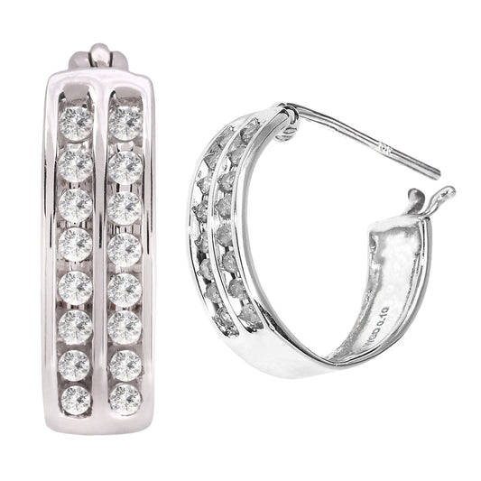 10K White Gold Hoop Earring setting with Two rows diamonds TDW: 0.19ct G I