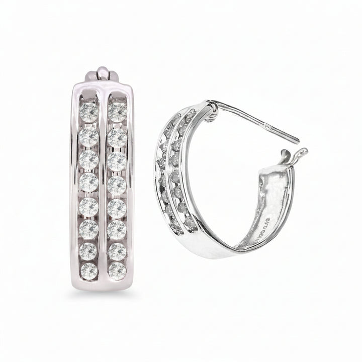10K White Gold Double Diamond Row Hoop Earring