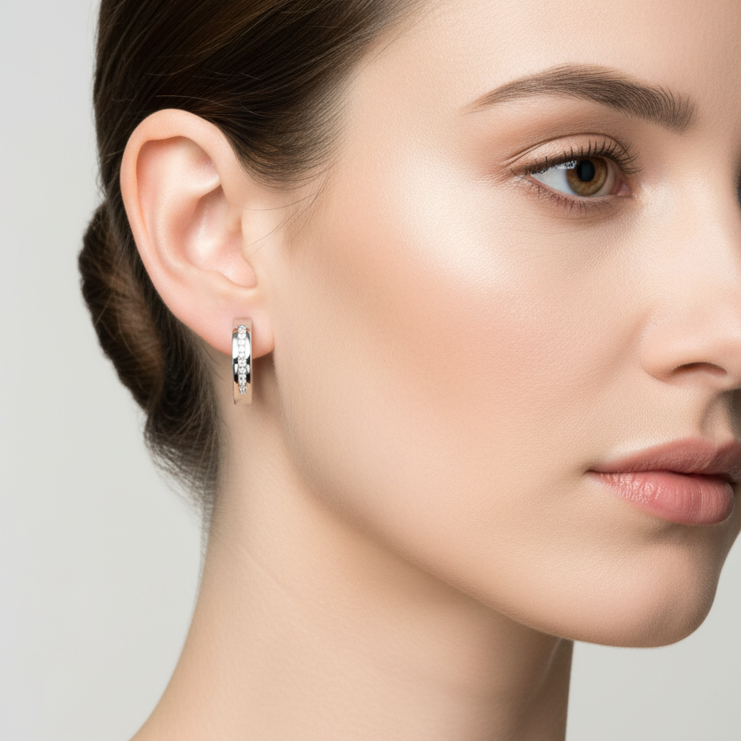 10K White Gold Small Size Loop Diamond Earrings. TDW: 0.10ct