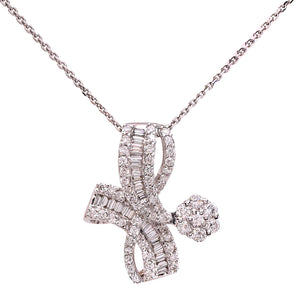 White Gold Bow and Flower Shape Diamond Pendant with Round and Baguettes. 18k , TDW: 1.6ct VS FG