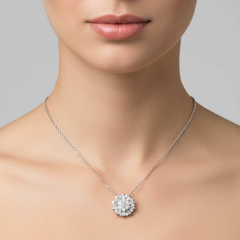 14K White Gold Floating Sunburst Diamond Necklace TDW: 0.66ct VS2 – SI FG