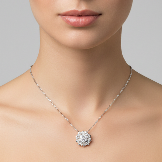 14K White Gold Floating Sunburst Diamond Necklace TDW: 0.66ct VS2 – SI FG