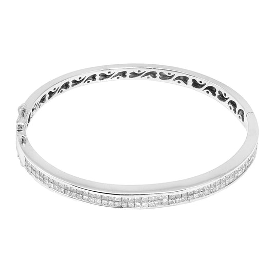 White Gold Diamond Bangle Bracelet with Princess Cut Diamonds. 94 Invisible Setting Princess Cut. 18k,TDW: 2ct,  VS GH