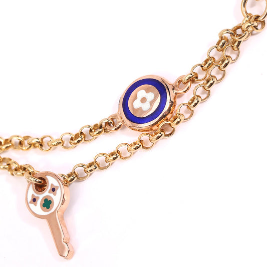 Yellow Gold Bracelet with Key, Evil Eye and Cubic Charms. 18k, 8.1gr, 7 1/2"