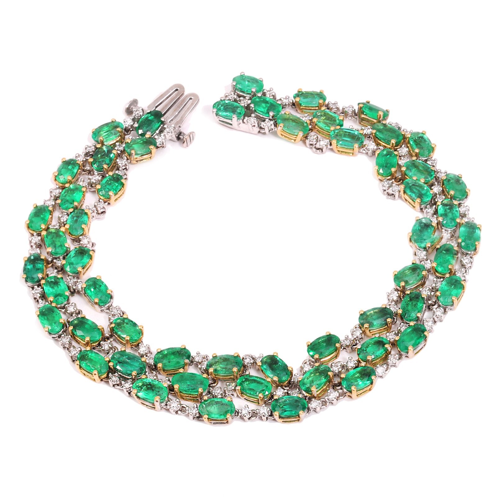 Two-tones Emerald Diamond Bracelet Three Rows Natural Emerald. TEW: 13.4ct  114 Round Diamond TDW:1.02ct VS GH