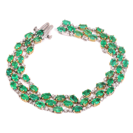 Two-tones Emerald Diamond Bracelet Three Rows Natural Emerald. TEW: 13.4ct  114 Round Diamond TDW:1.02ct VS GH