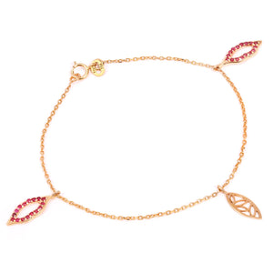 Yellow Gold station bracelet with three dangling Leaf, 18k, 2.14gr, 6 Inches