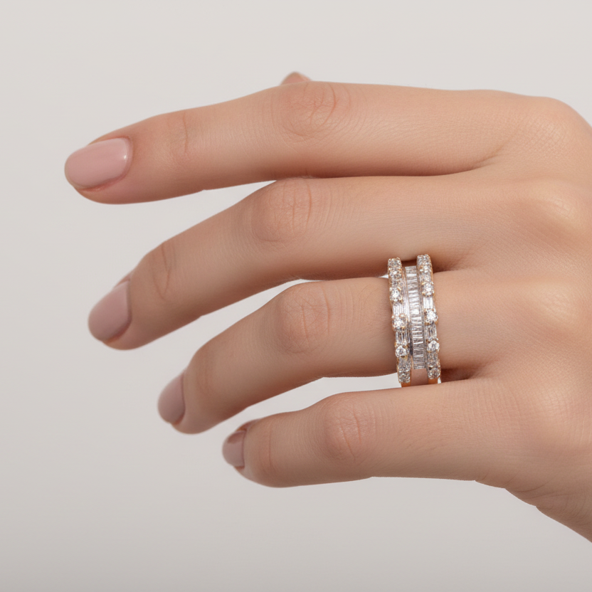 10K Yellow Gold Baguette Diamonds Half Eternity Ring, TDW: 0.99ct