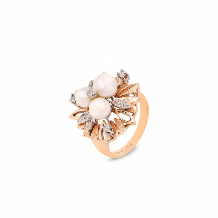14K Yellow Gold Pearl & Diamond Vintage Floral Ring