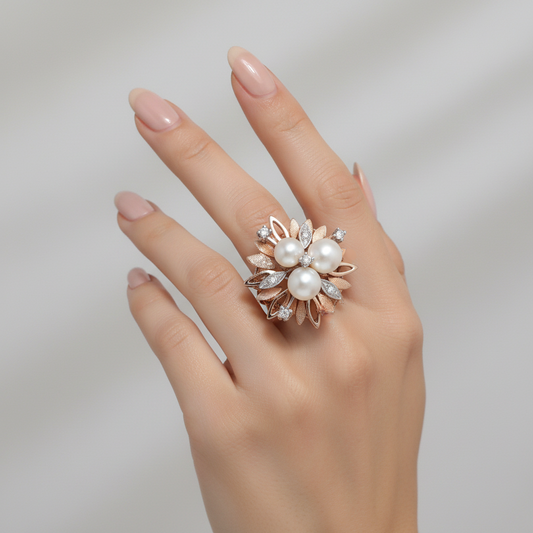 14K Vintage Yellow Gold Pearl and Diamond Floral Ring TDW:0.08ct VS2/I2 I/J