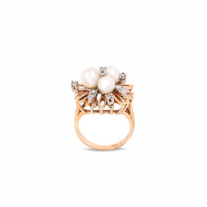 14K Yellow Gold Pearl & Diamond Vintage Floral Ring