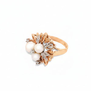 14K Yellow Gold Pearl & Diamond Vintage Floral Ring