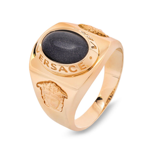 Yellow Gold Versace Design Black Stone Men's Ring. 18k, 13.2gr