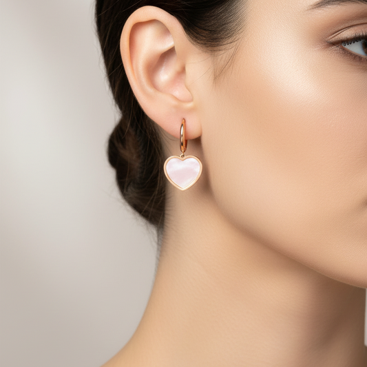14K Yellow Gold Heart Mother of Pearl Hoop Earrings
