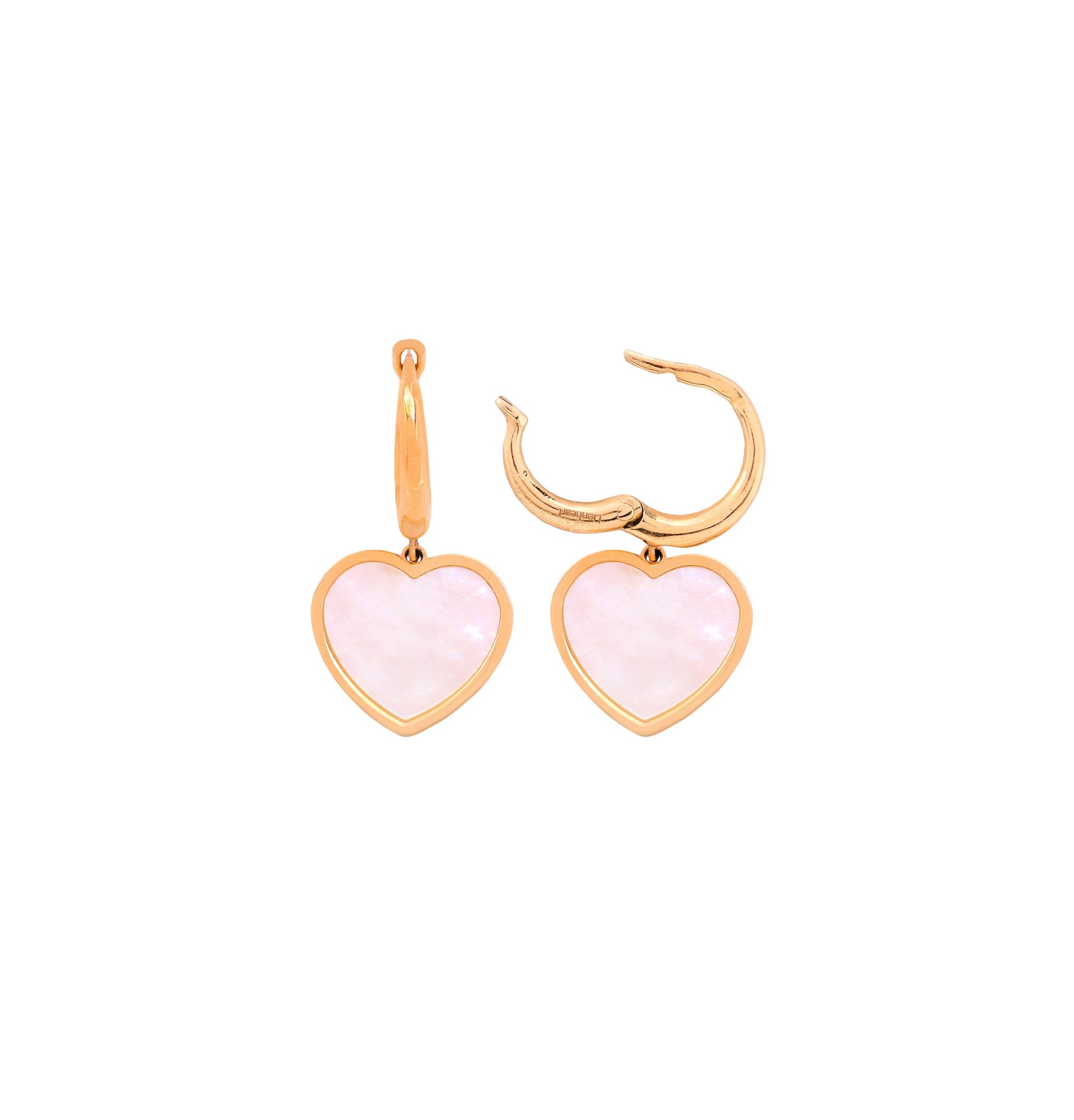 14K Yellow Gold Hoop Earrings with Mother of Pearl Heart Charms