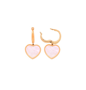 14K Yellow Gold Hoop Earrings with Mother of Pearl Heart Charms