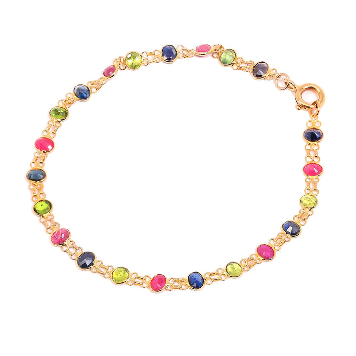 18K Yellow Gold Station Bracelets Setting with Natural Round Sapphires Rubies and Peridots