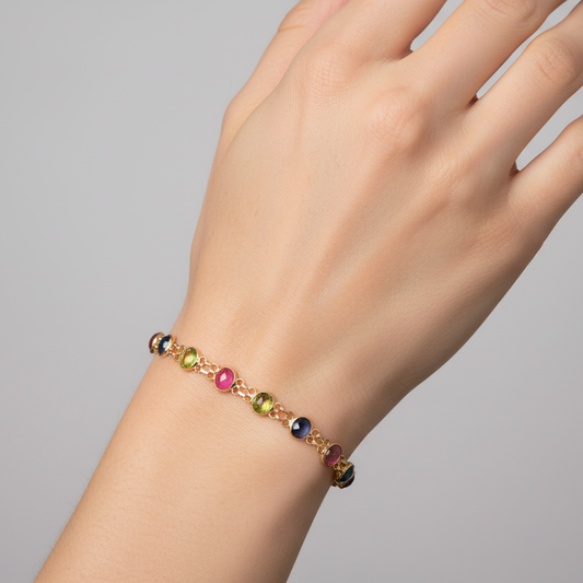 18K Yellow Gold Station Bracelets Setting with Natural Round Sapphires Rubies and Peridots