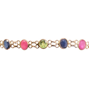 Yellow Gold Station Bracelets Setting with Natural Round Sapphires, Rubies and Peridots, 18k