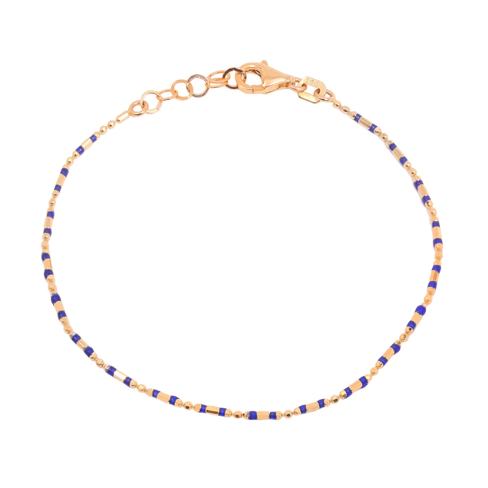 Yellow Gold Beaded Bracelet with Blue Enamel Accents, 14k, 6-7inch