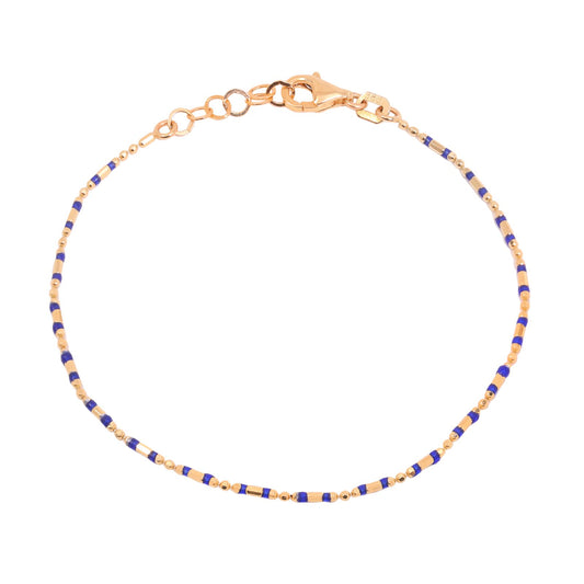 Yellow Gold Beaded Bracelet with Blue Enamel Accents, 14k, 6-7inch