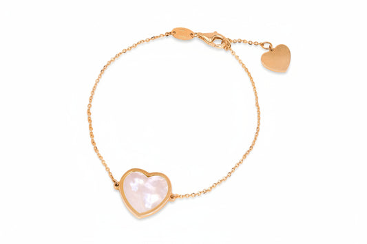 14K Yellow Gold Bracelet with Mother of Pearl Hear Charm 6"