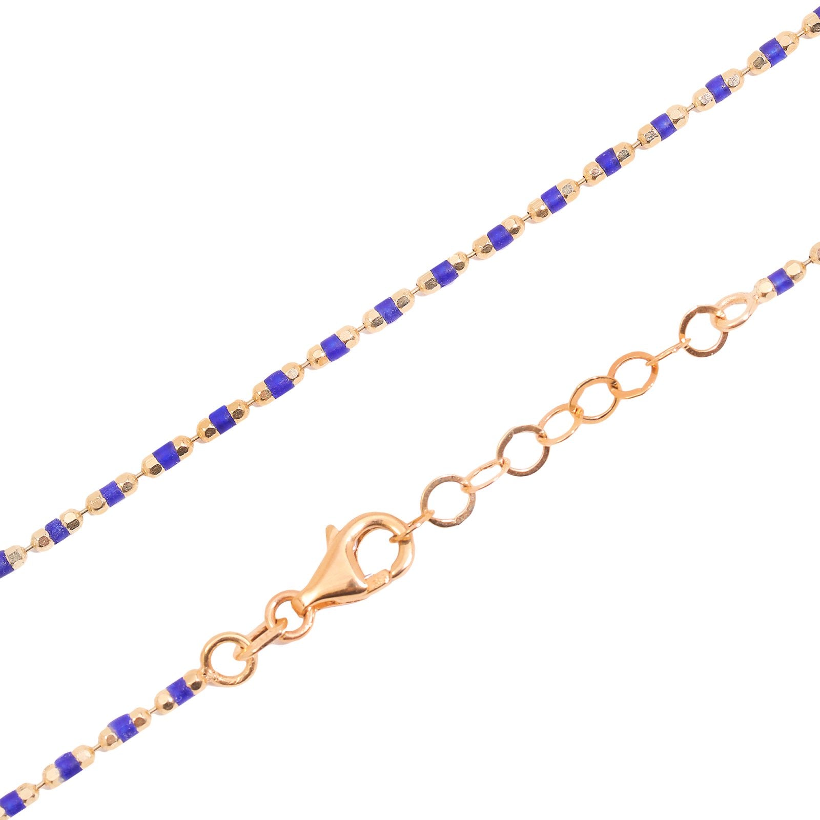 Yellow Gold Beaded Chain with Blue Enamel Accents, 14k, 15-16inch