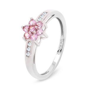 10K White Gold Ring with Pink Quartz Flower Setting and 6 Small Diamonds on Shoulders