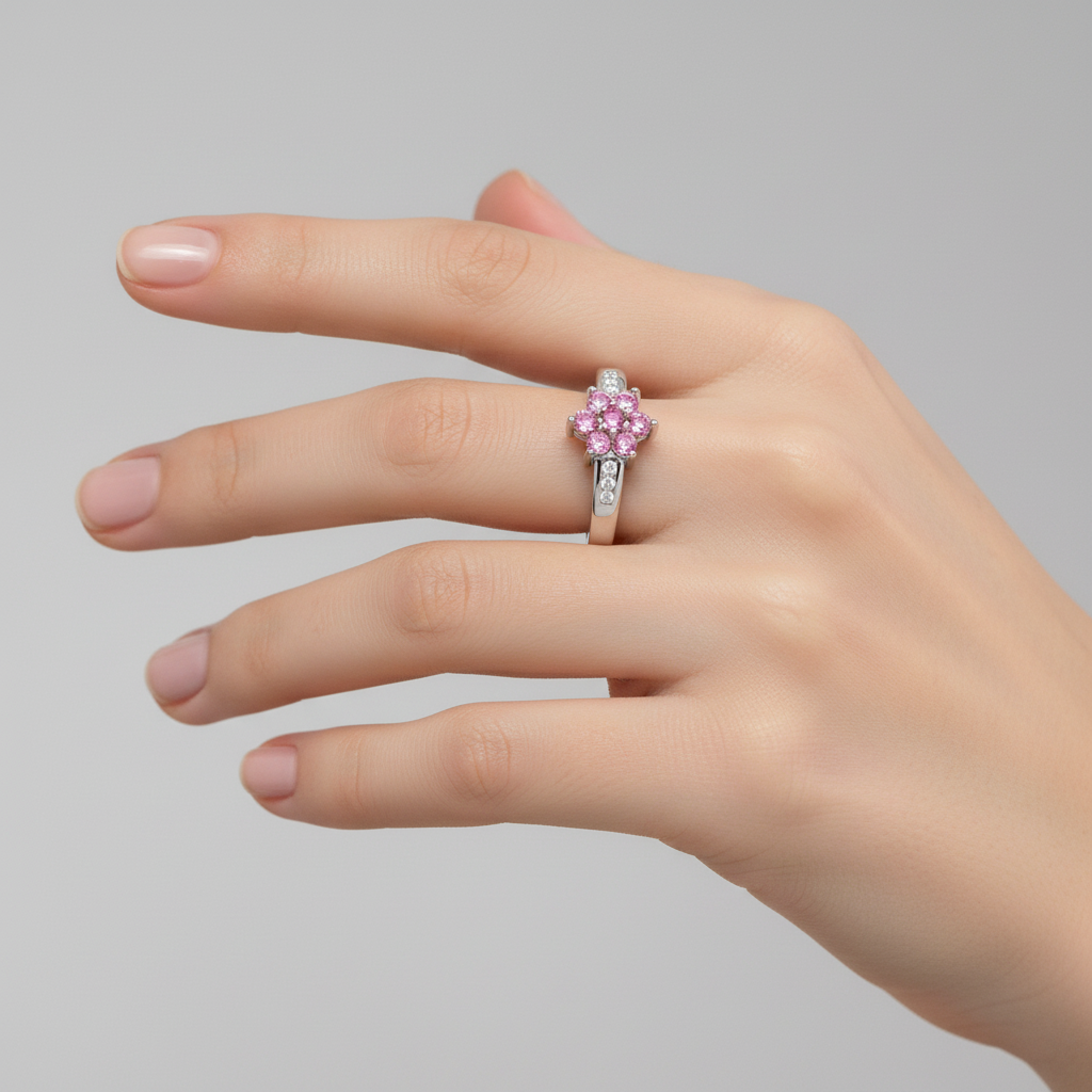 10K White Gold Ring with Pink Quartz Flower Setting and 6 Small Diamonds on Shoulders