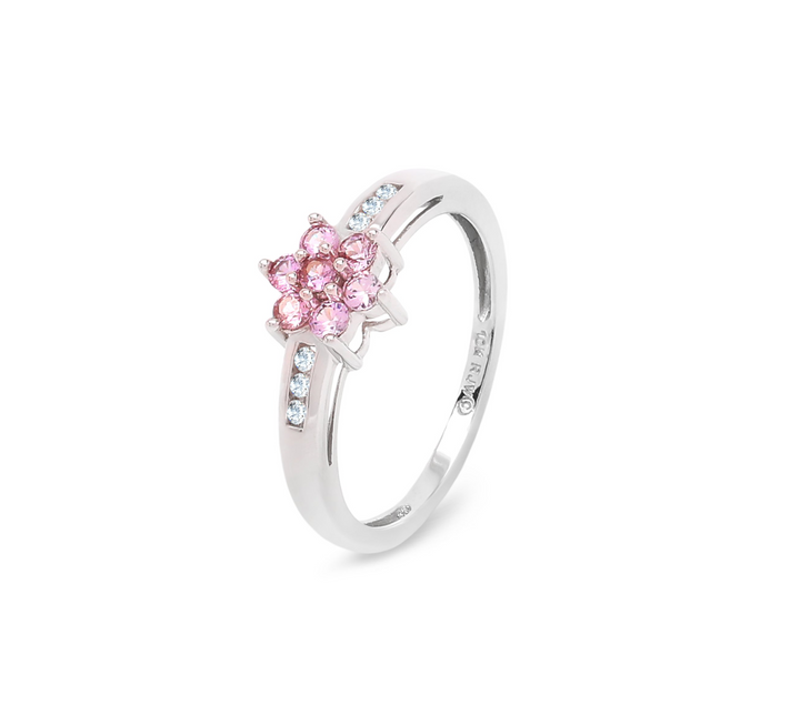 10K White Gold Ring Pink Quartz & Diamond Flower Cluster Ring