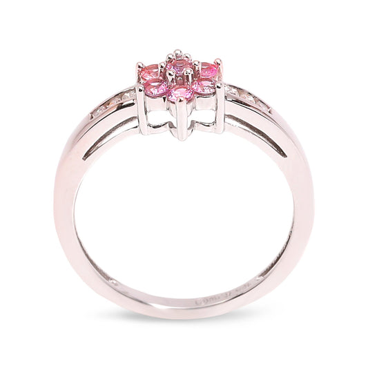 White Gold Ring with Pink Quartz Flower Setting and 6 Small Diamonds on Shoulders, 10k