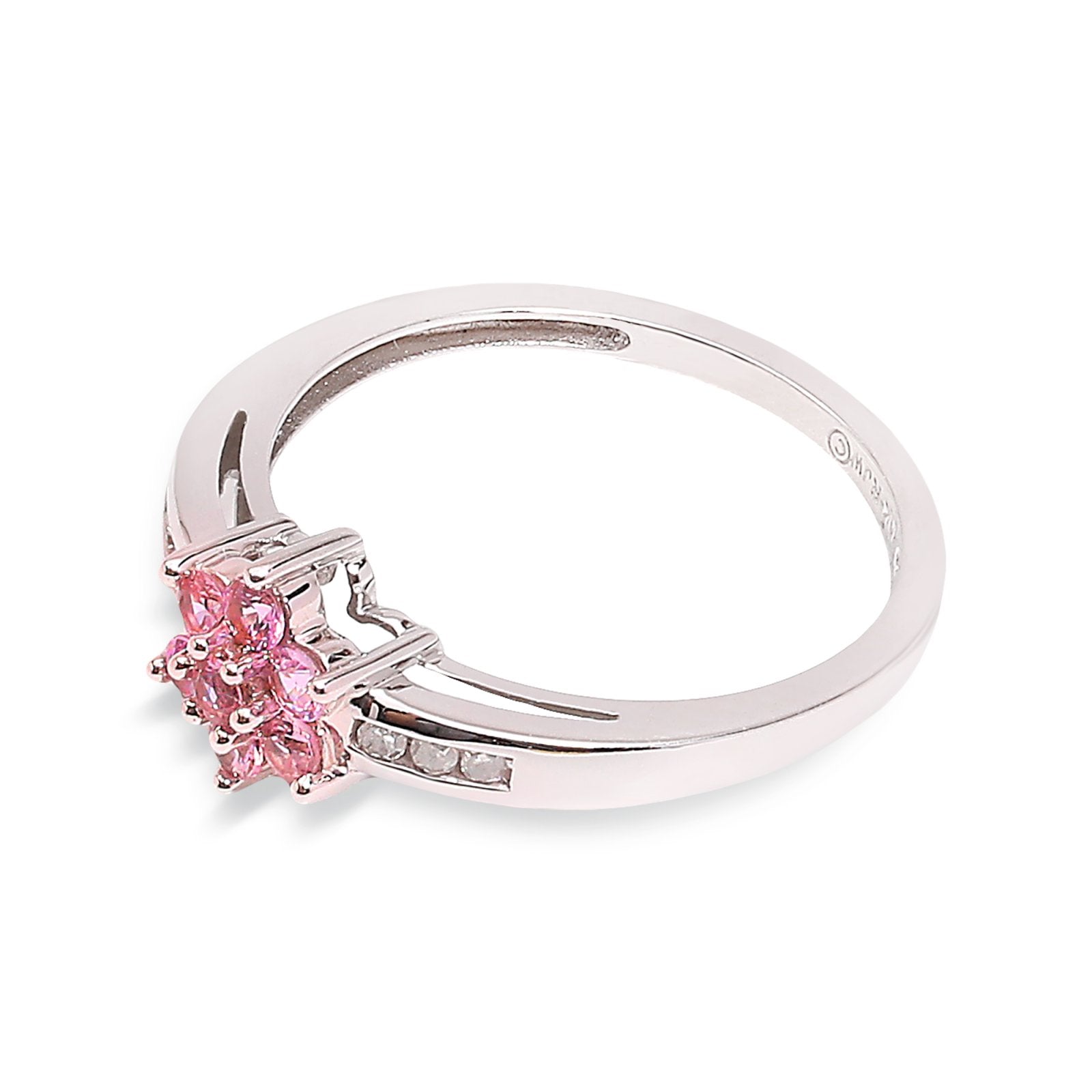 White Gold Ring with Pink Quartz Flower Setting and 6 Small Diamonds on Shoulders, 10k