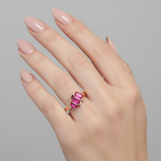 Yellow Gold Three-Stone Baguette Cut Ruby Ring 14k