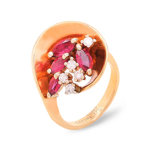 Yellow Gold Marquise Shape Ruby and Diamond Ring. 4 Marquise Shape Ruby and 5 Round Diamonds. TRW: .8ct. TDW: 0.075ct