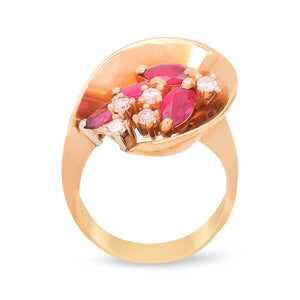 Yellow Gold Marquise Shape Ruby and Diamond Ring. 4 Marquise Shape Ruby and 5 Round Diamonds. TRW: .8ct. TDW: 0.075ct