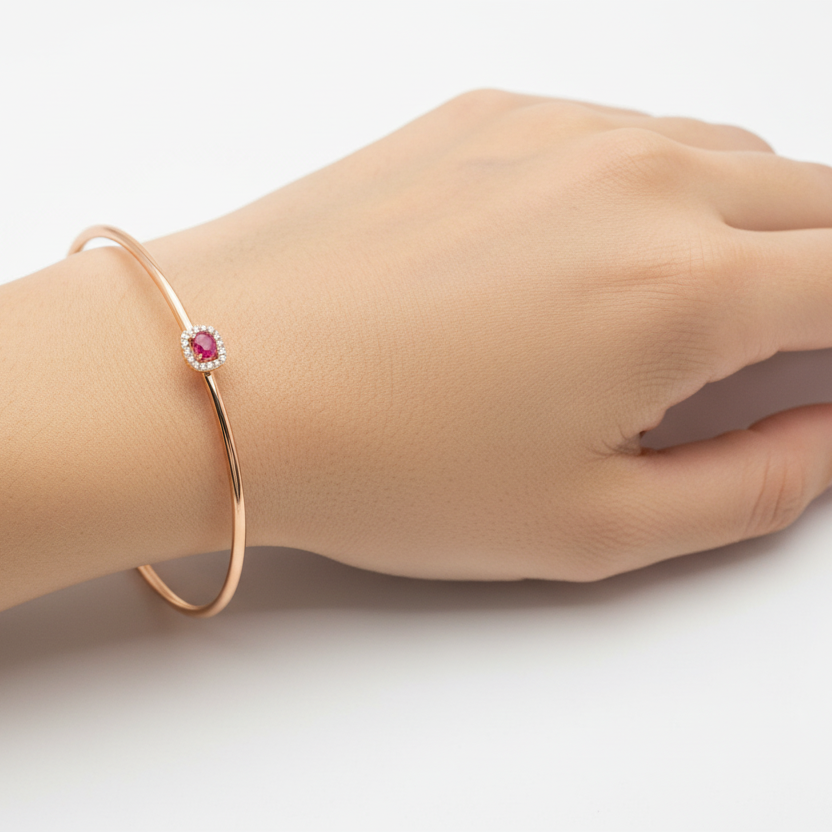 18K Yellow Gold Open Bangle with Ruby and TDW: 0.16ct
