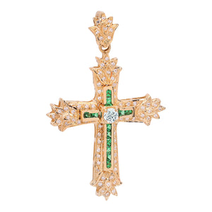 Yellow Gold Beautiful Cross setting with white and Green Cubic Zirconia, 14k